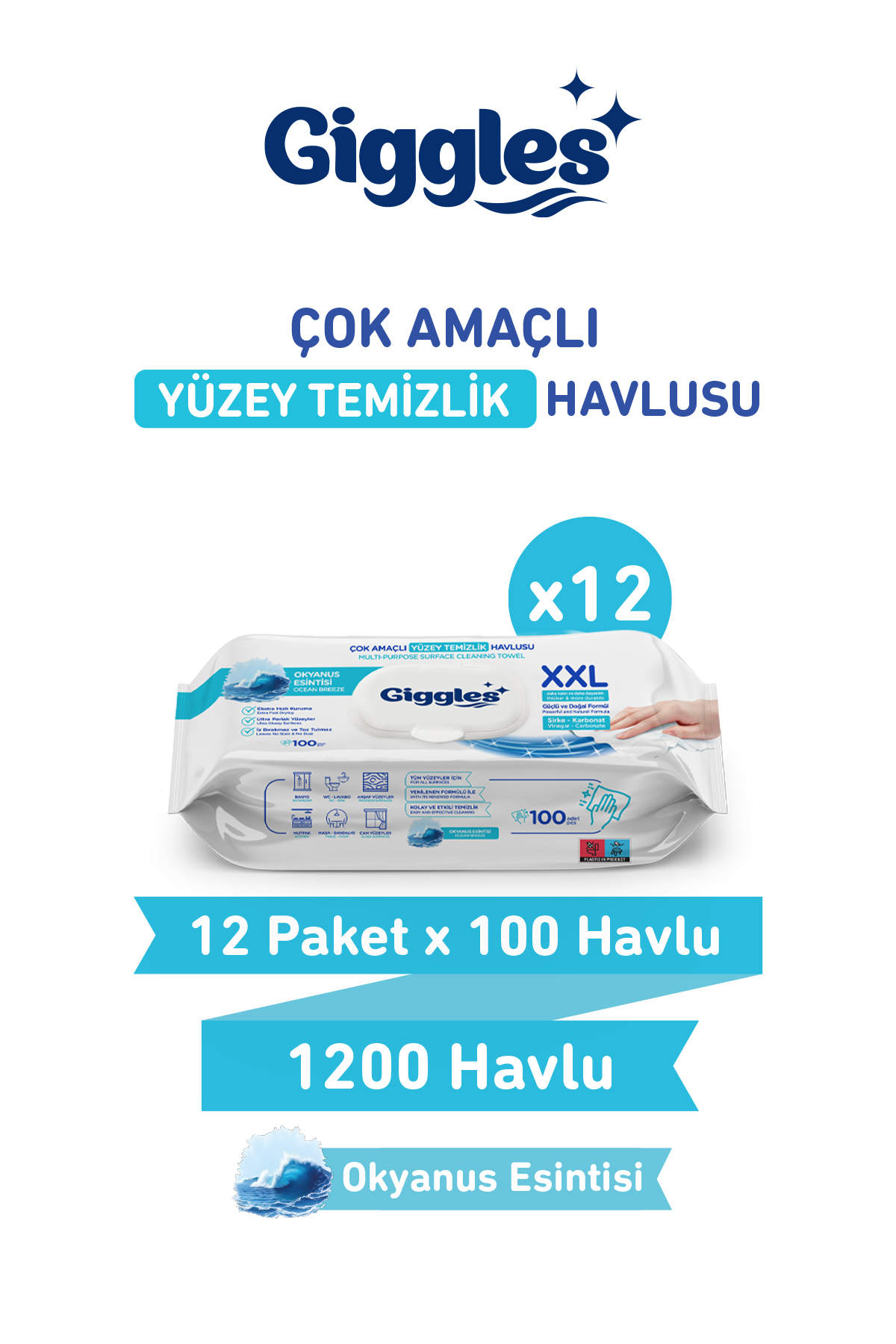Giggles XXL İz Bırakmayan Yüzey Temizlik Havlusu - (Okyanus Esintisi) 1200 Yaprak